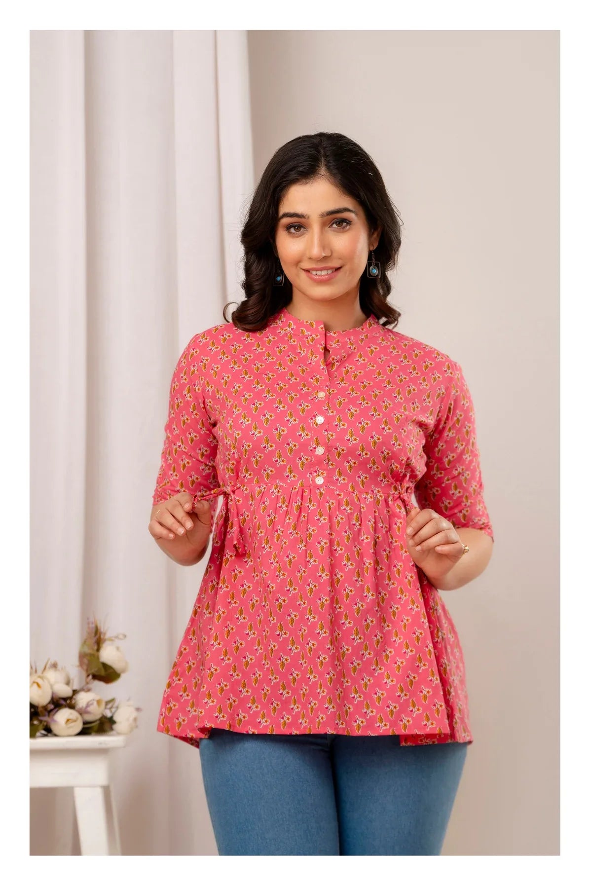 Pink Floral Printed Cotton Short Kurti Top for Women