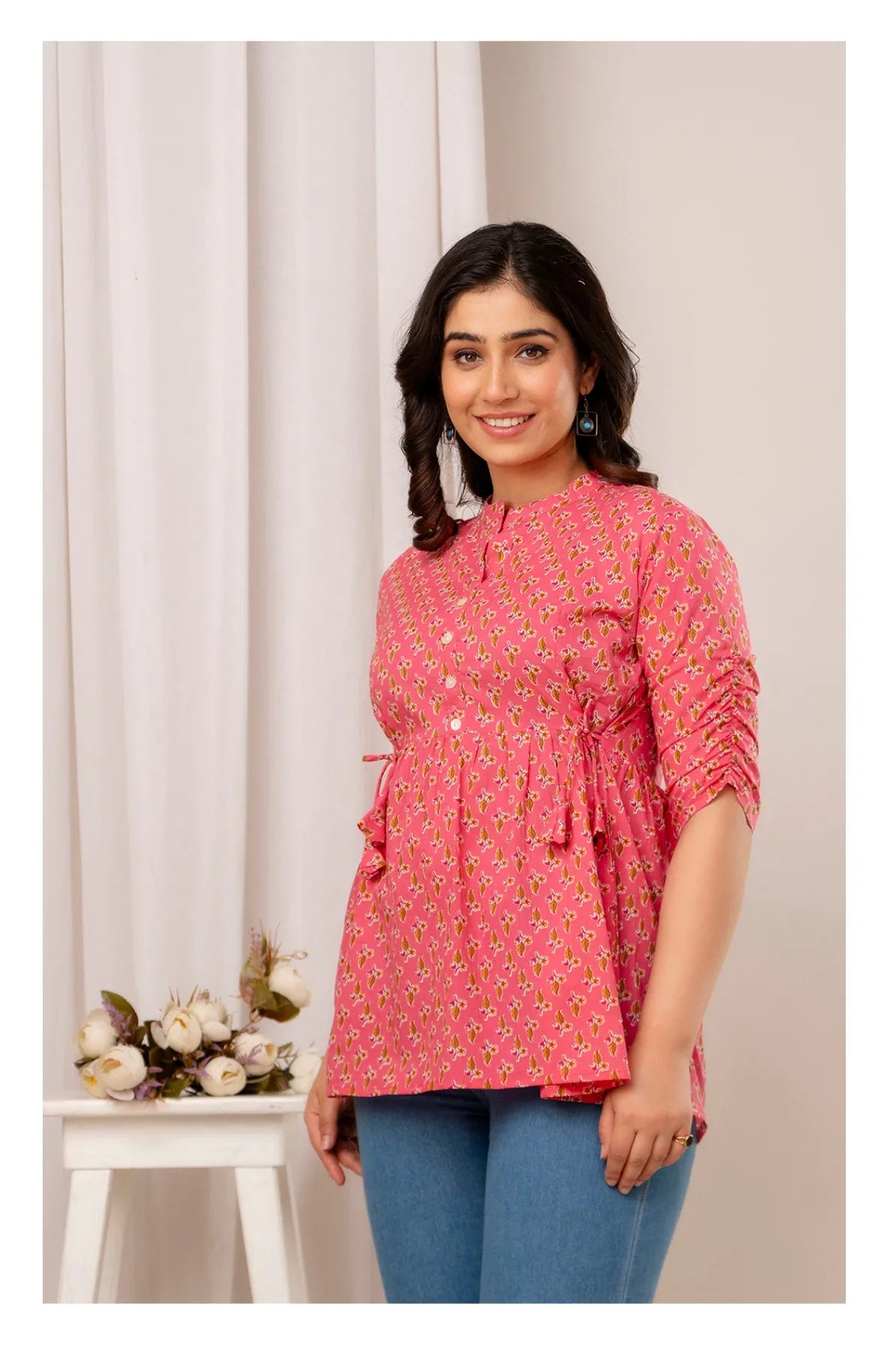 Pink Floral Printed Cotton Short Kurti Top for Women