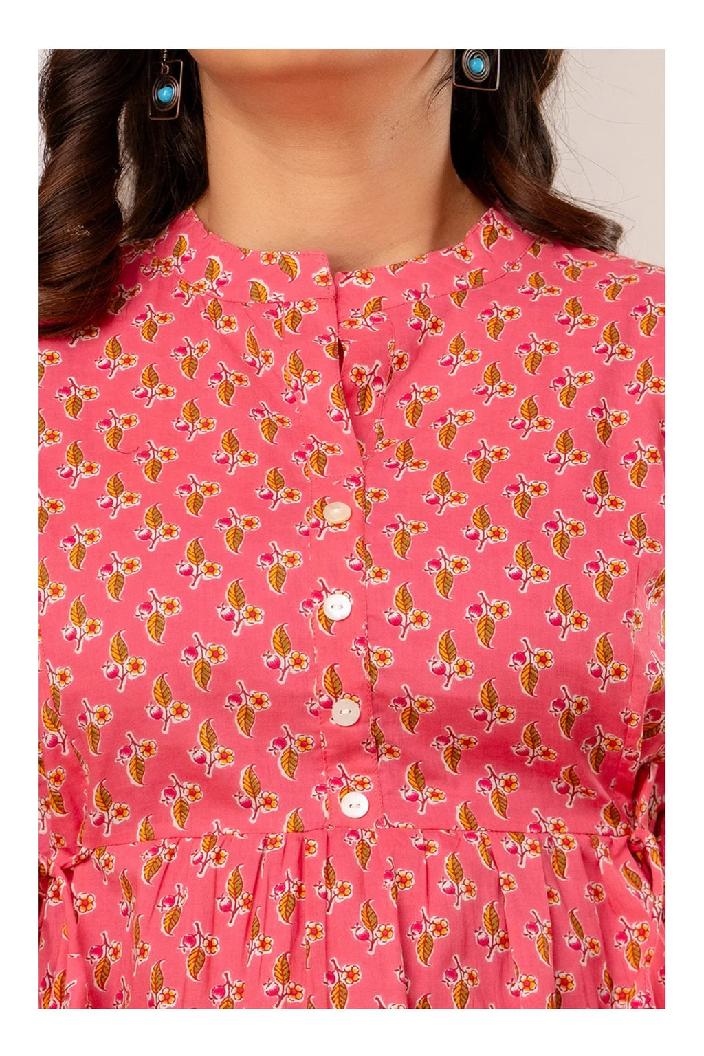 Pink Floral Printed Cotton Short Kurti Top for Women
