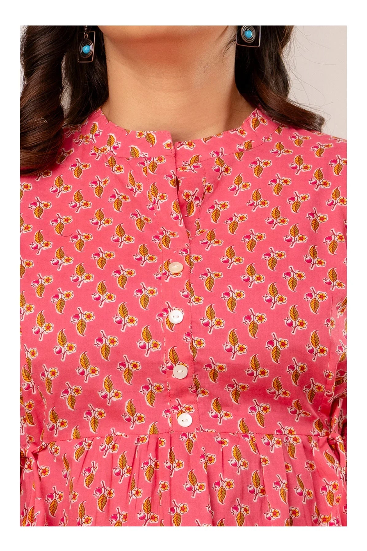 Pink Floral Printed Cotton Short Kurti Top for Women