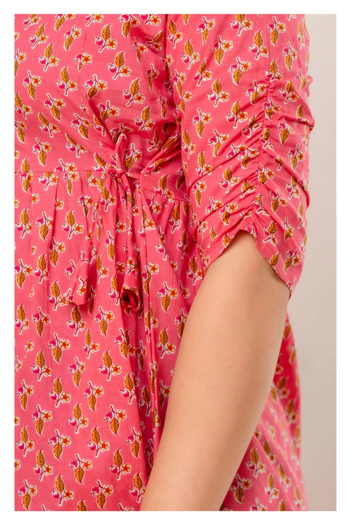 Pink Floral Printed Cotton Short Kurti Top for Women