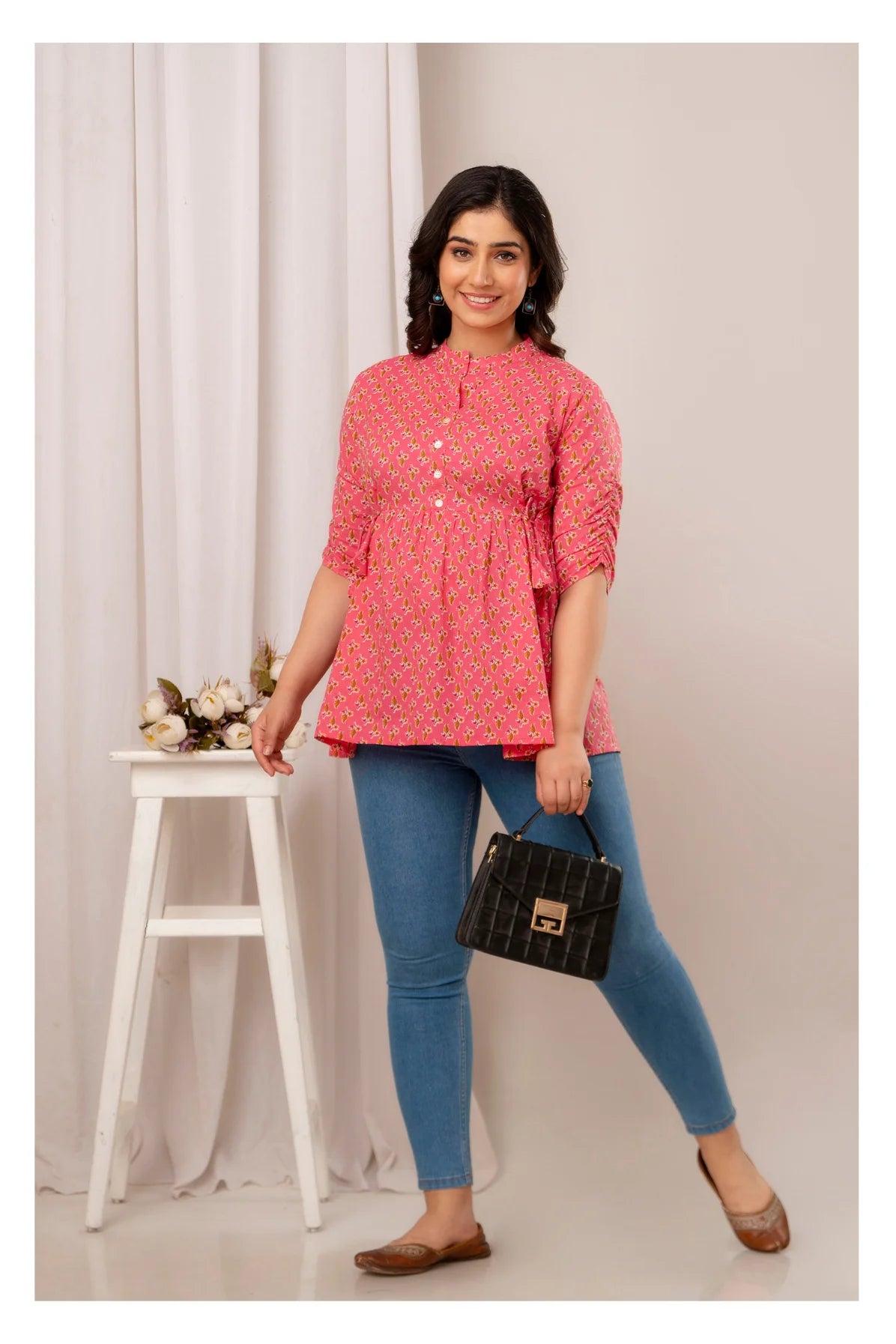 Pink Floral Printed Cotton Short Kurti Top for Women