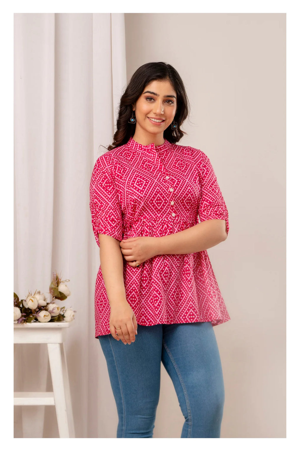 Pink Geometric Printed Cotton Topper for Women