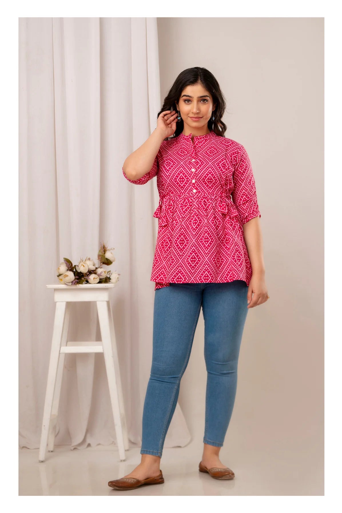 Pink Geometric Printed Cotton Topper for Women