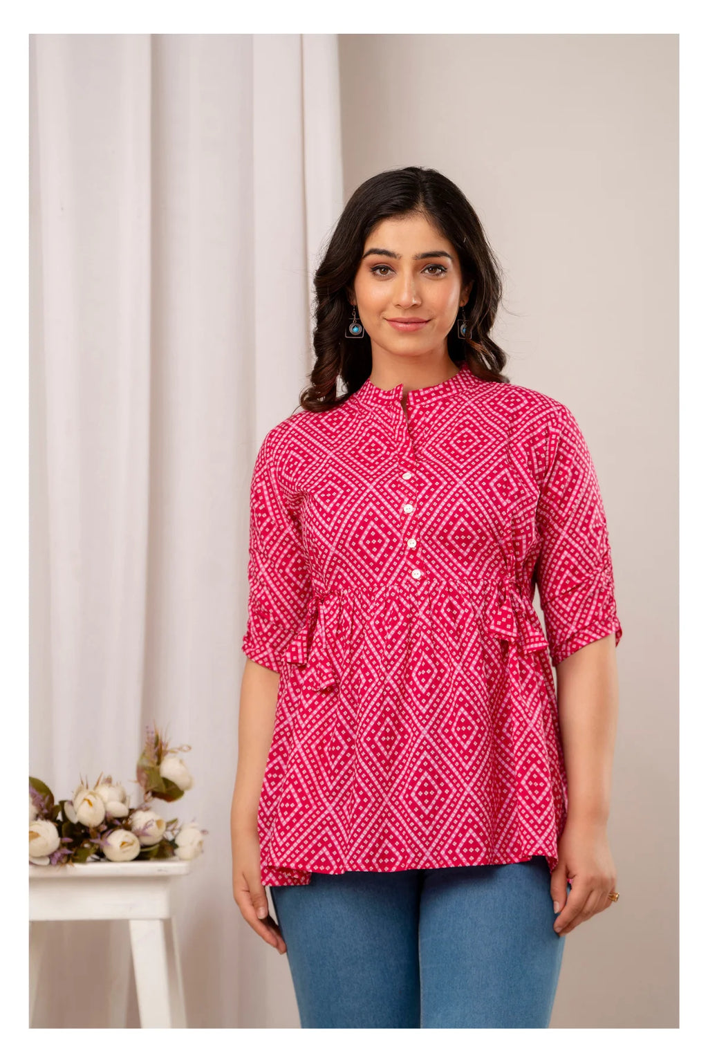 Pink Geometric Printed Cotton Topper for Women