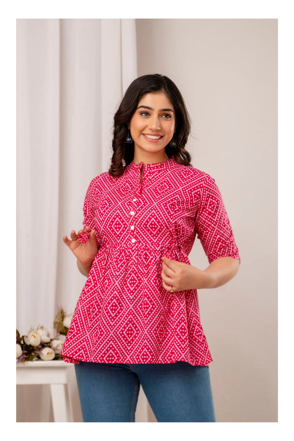 Pink Geometric Printed Cotton Topper for Women