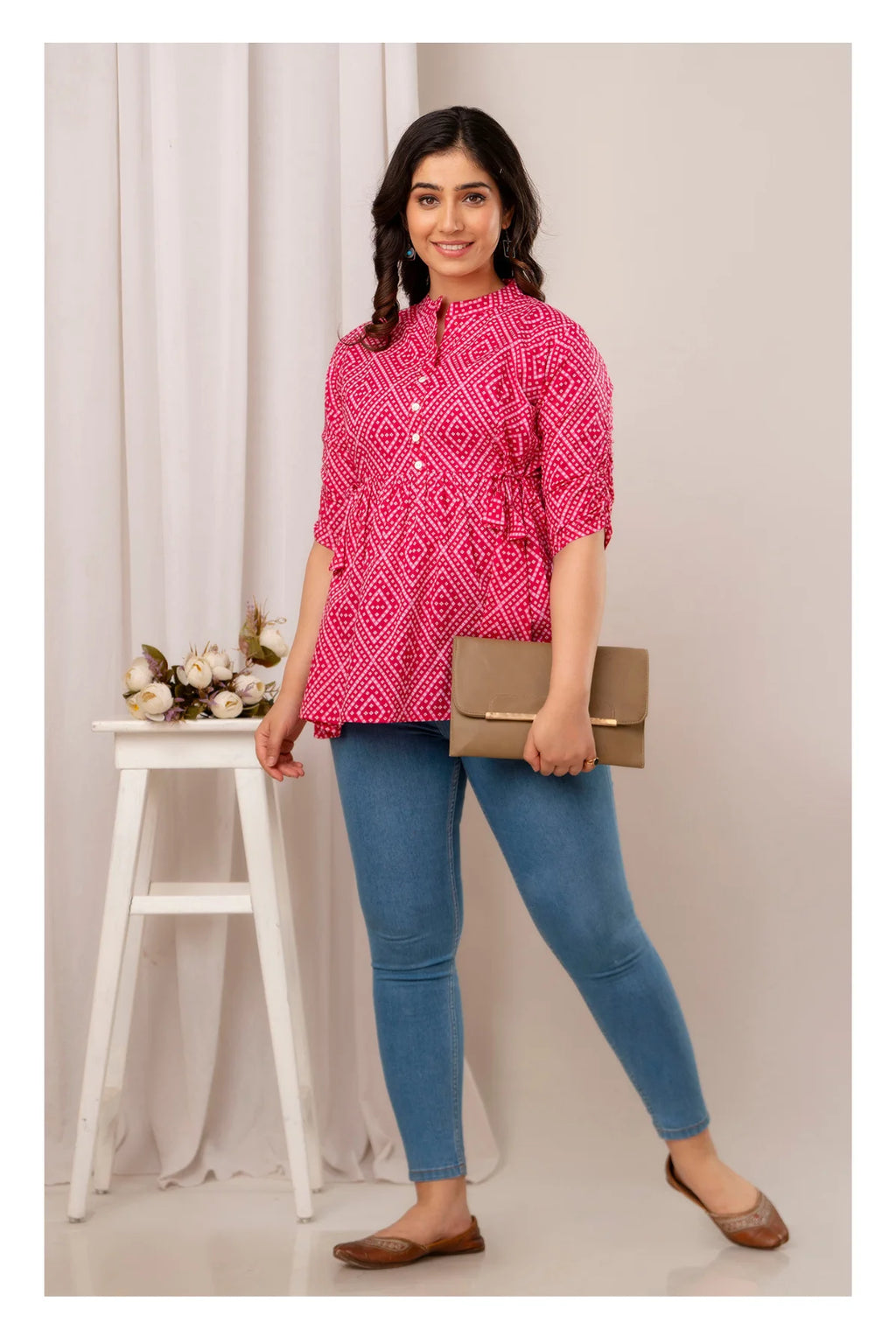 Pink Geometric Printed Cotton Topper for Women