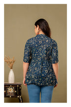 Teal Blue Floral Printed Cotton Topper for Women