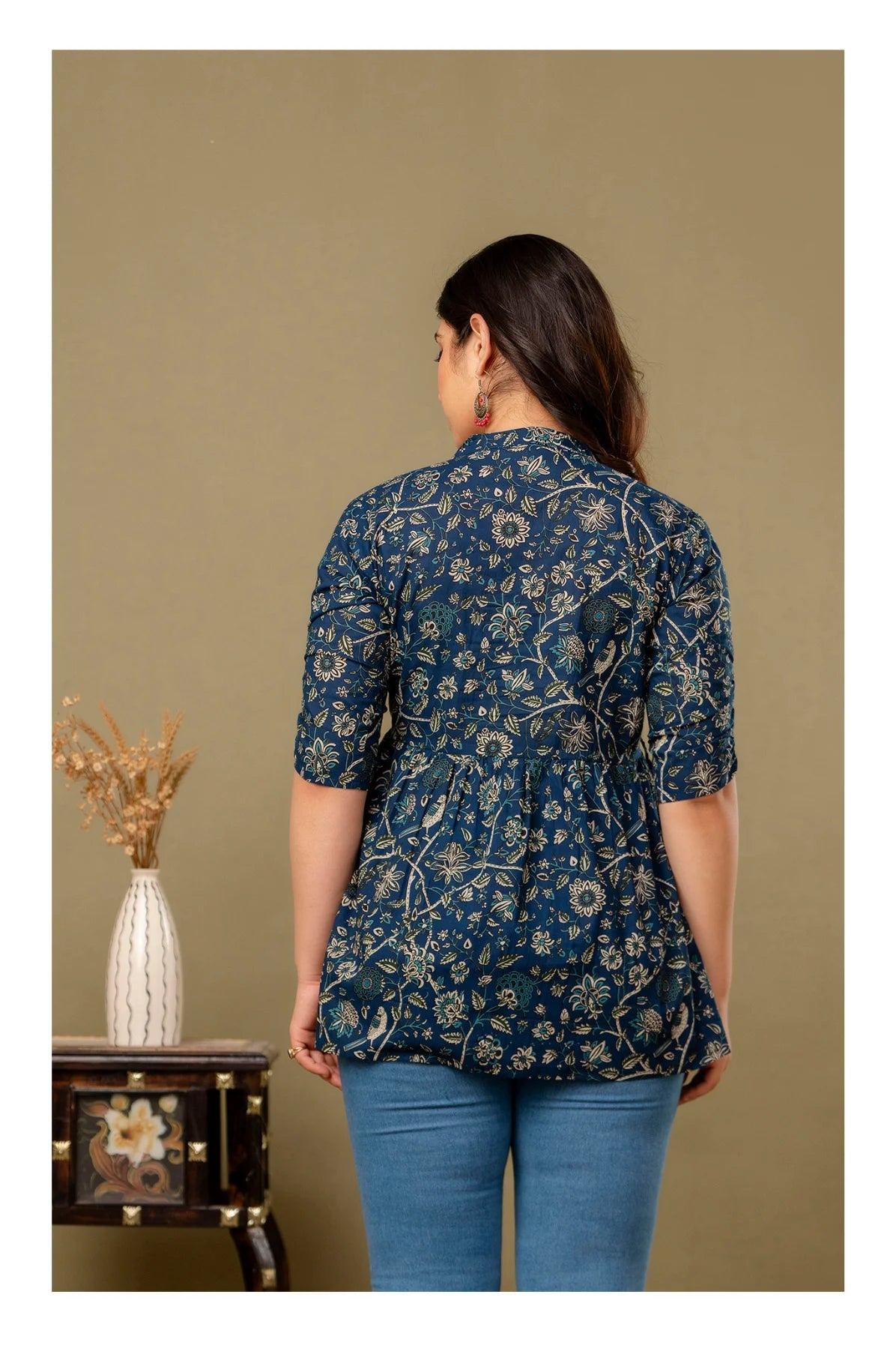 Teal Blue Floral Printed Cotton Topper for Women