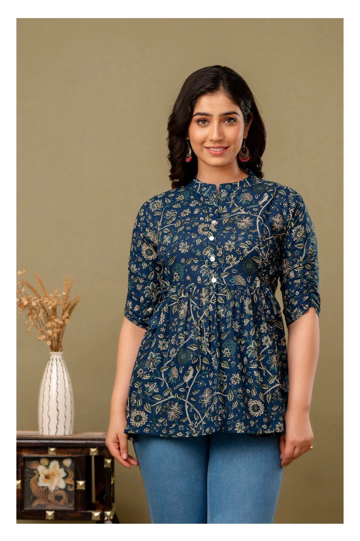 Teal Blue Floral Printed Cotton Topper for Women