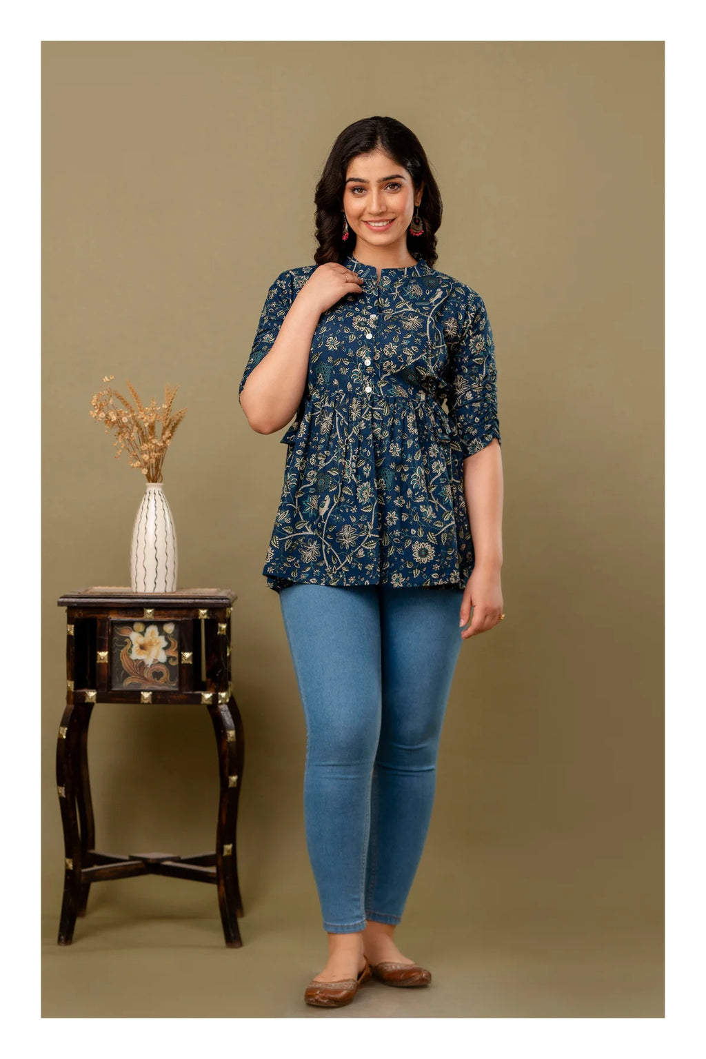 Teal Blue Floral Printed Cotton Topper for Women