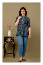 Teal Blue Floral Printed Cotton Topper for Women