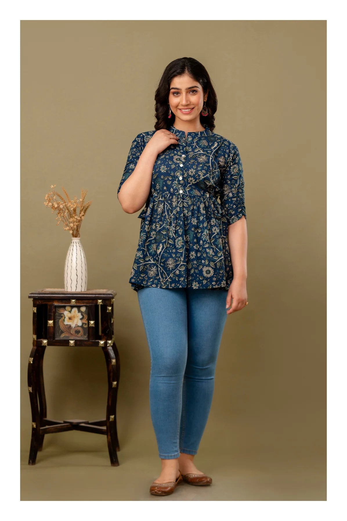 Teal Blue Floral Printed Cotton Topper for Women