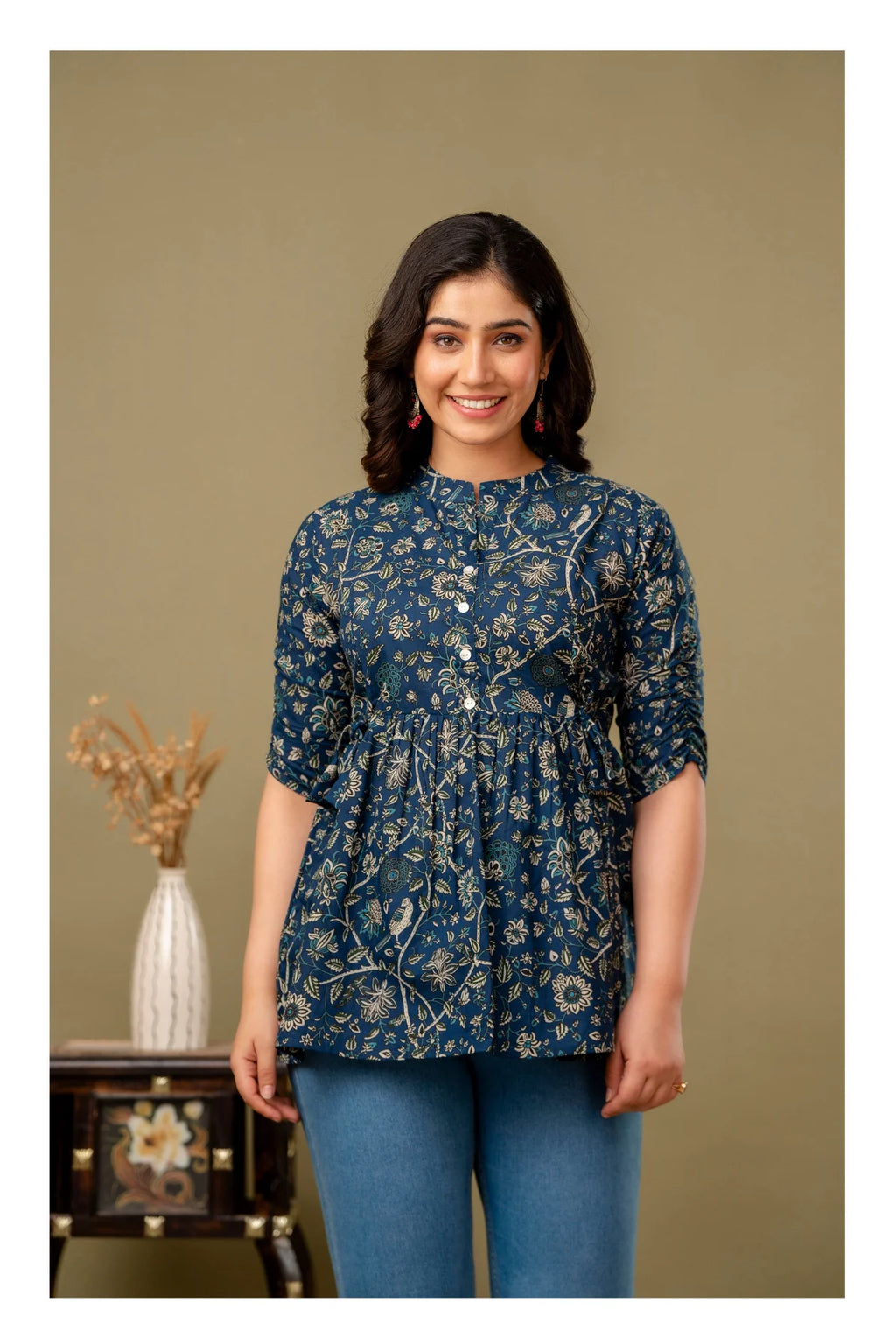 Teal Blue Floral Printed Cotton Topper for Women