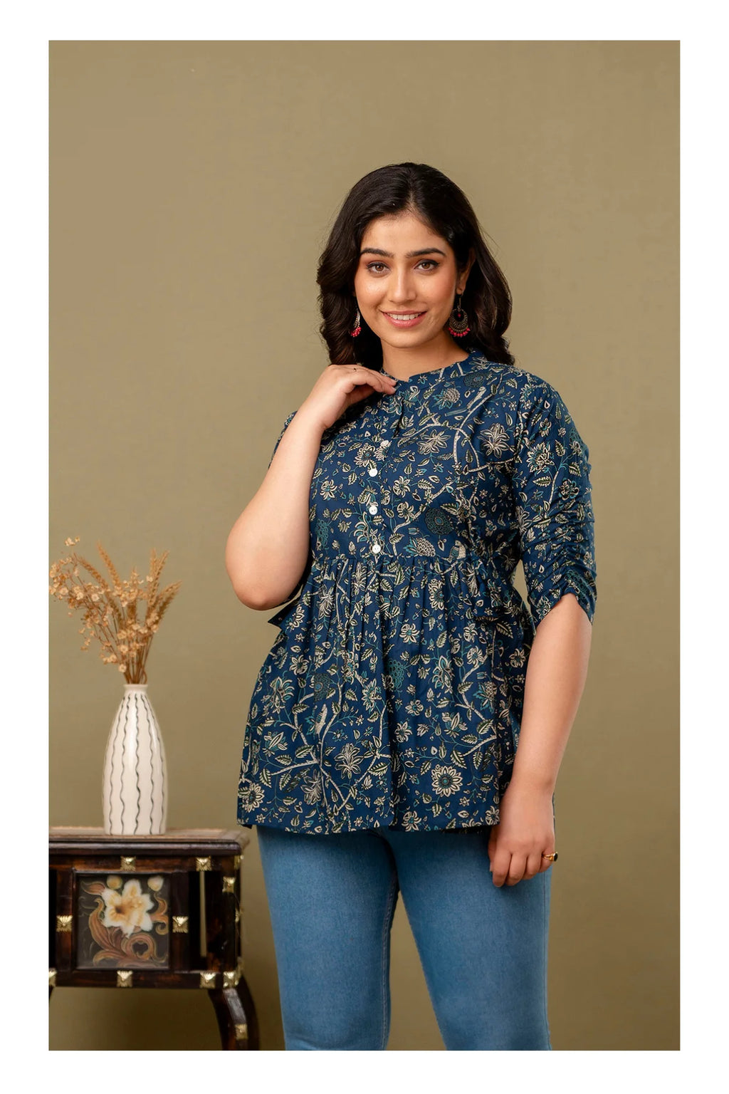 Teal Blue Floral Printed Cotton Topper for Women