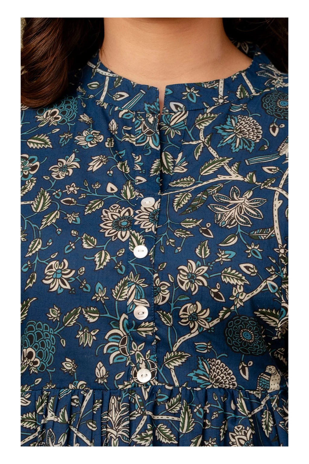 Teal Blue Floral Printed Cotton Topper for Women