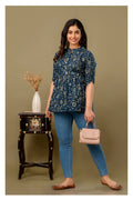 Teal Blue Floral Printed Cotton Topper for Women