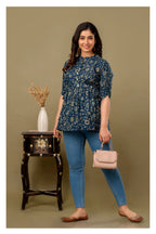 Teal Blue Floral Printed Cotton Topper for Women