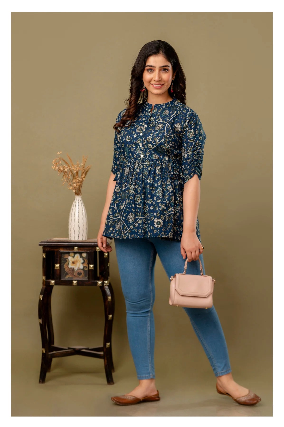 Teal Blue Floral Printed Cotton Topper for Women