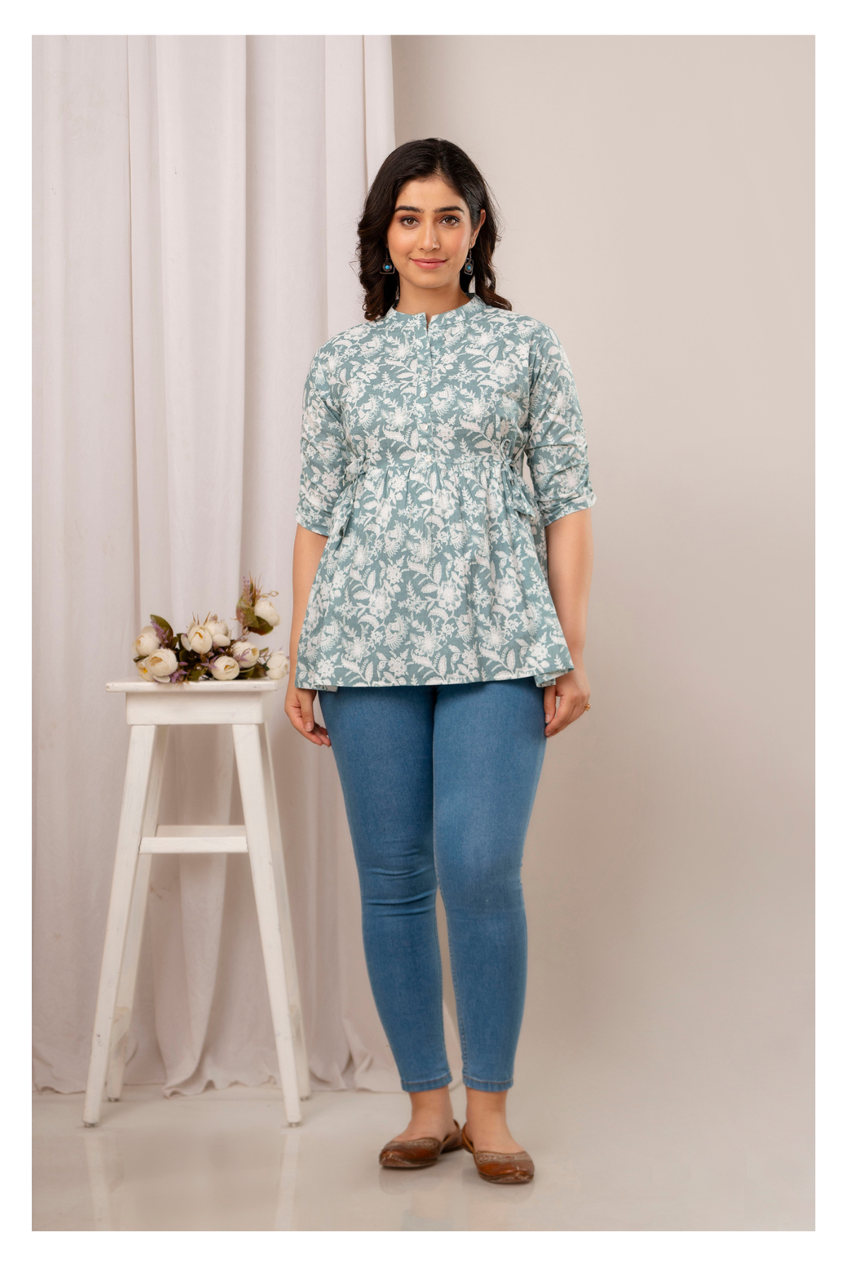 Grey Floral Cotton Peplum Top for Women | Soft Printed Casual Top