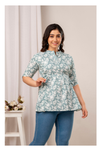 Grey Floral Cotton Peplum Top for Women | Soft Printed Casual Top