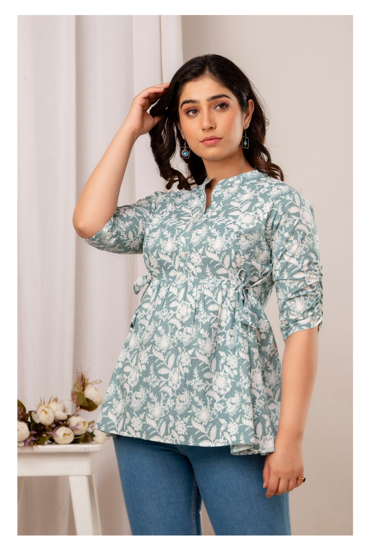 Grey Floral Cotton Peplum Top for Women | Soft Printed Casual Top
