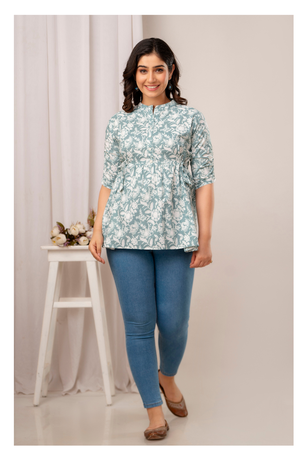 Grey Floral Cotton Peplum Top for Women | Soft Printed Casual Top