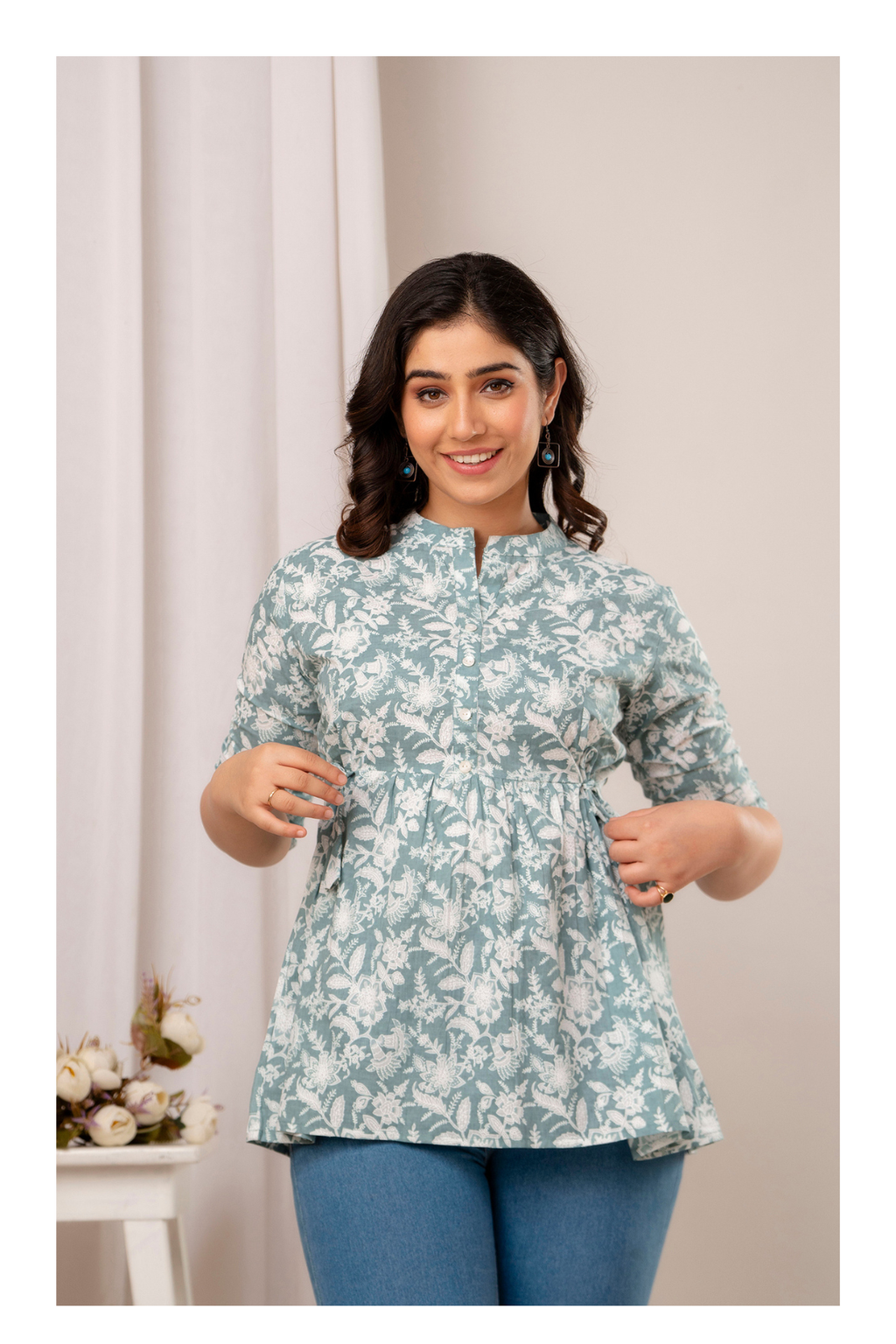 Grey Floral Cotton Peplum Top for Women | Soft Printed Casual Top