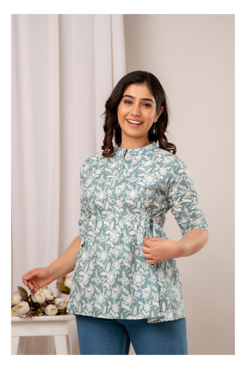 Grey Floral Cotton Peplum Top for Women | Soft Printed Casual Top