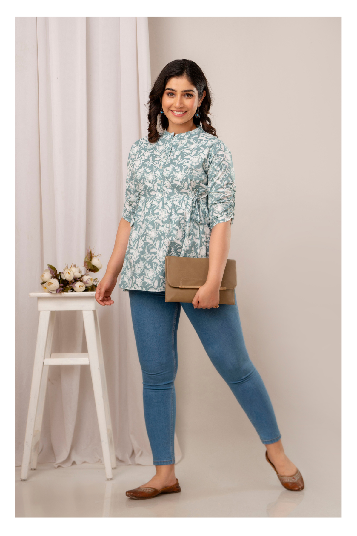 Grey Floral Cotton Peplum Top for Women | Soft Printed Casual Top
