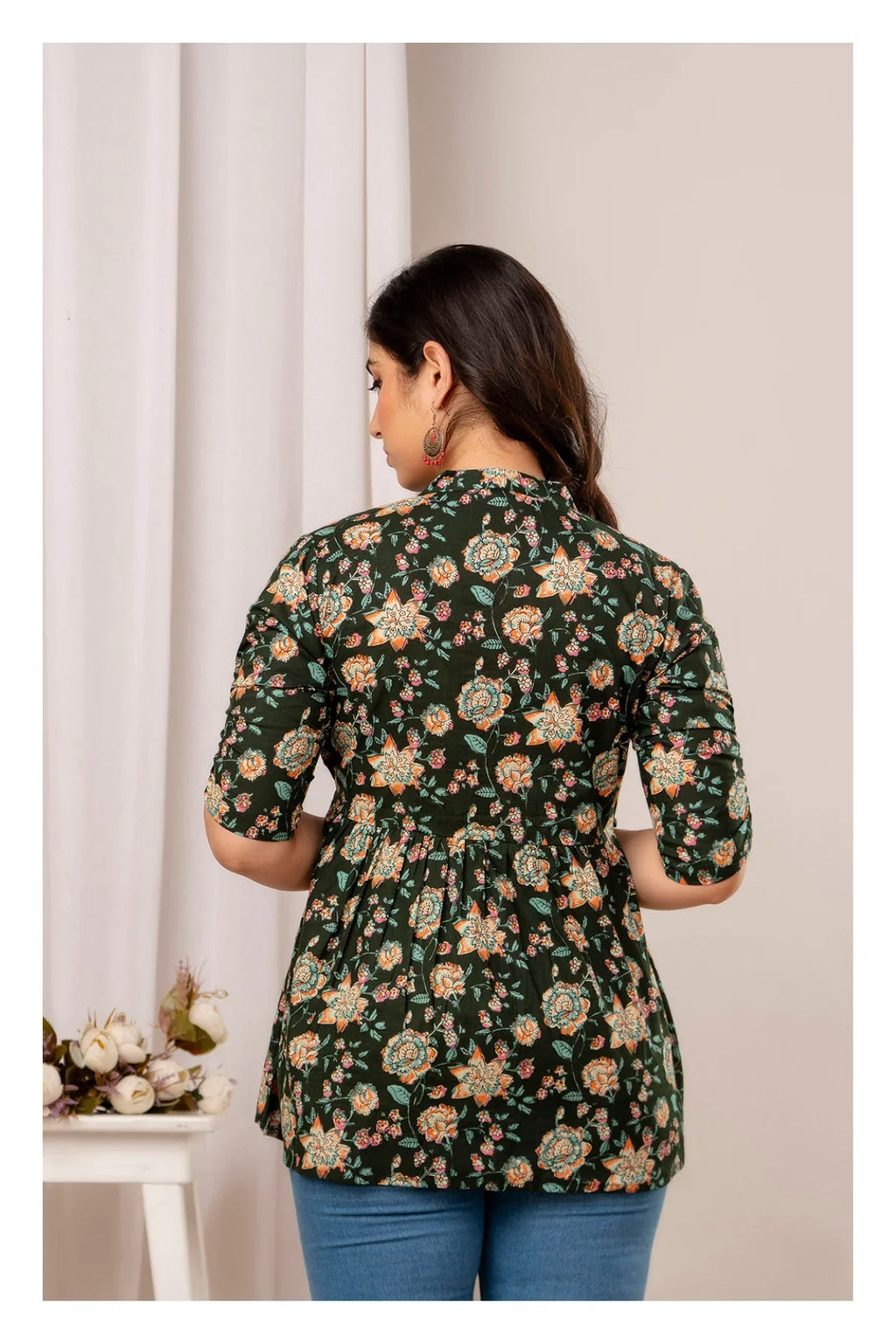 Dark Green Floral Printed Cotton Short Kurti Top for Women