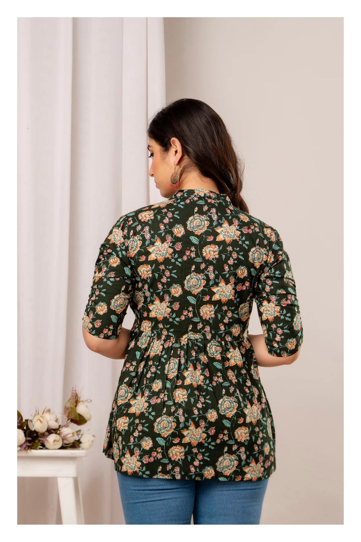 Dark Green Floral Printed Cotton Short Kurti Top for Women