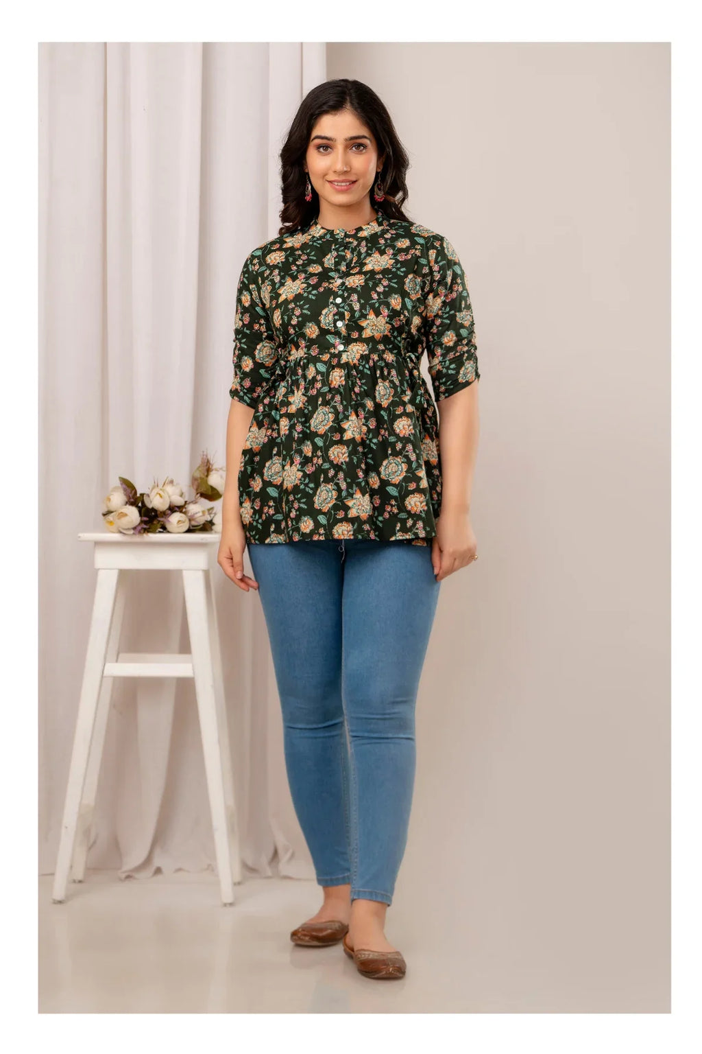 Dark Green Floral Printed Cotton Short Kurti Top for Women