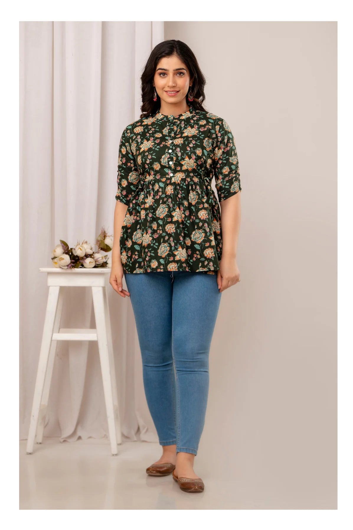 Dark Green Floral Printed Cotton Short Kurti Top for Women