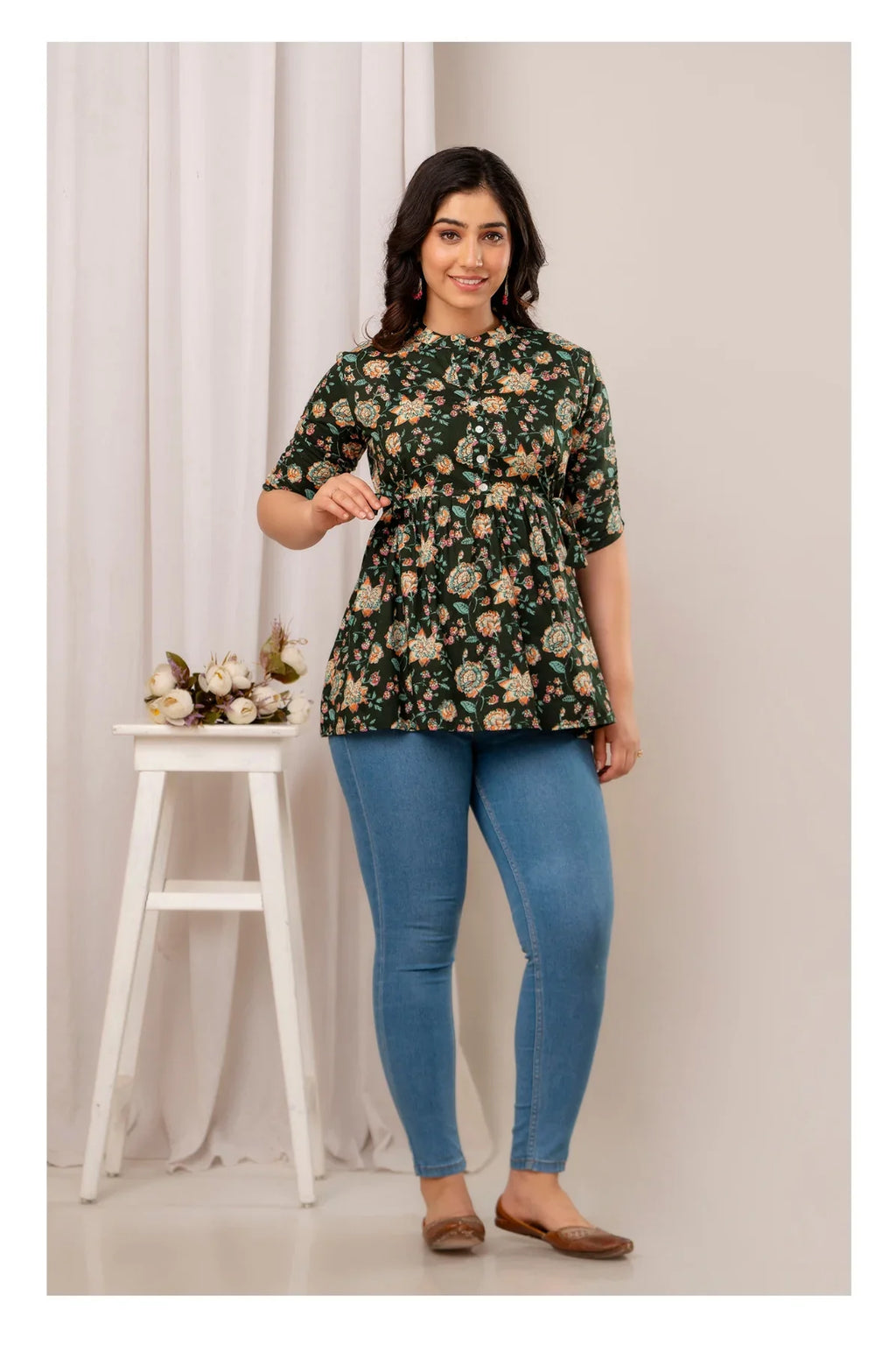 Dark Green Floral Printed Cotton Short Kurti Top for Women