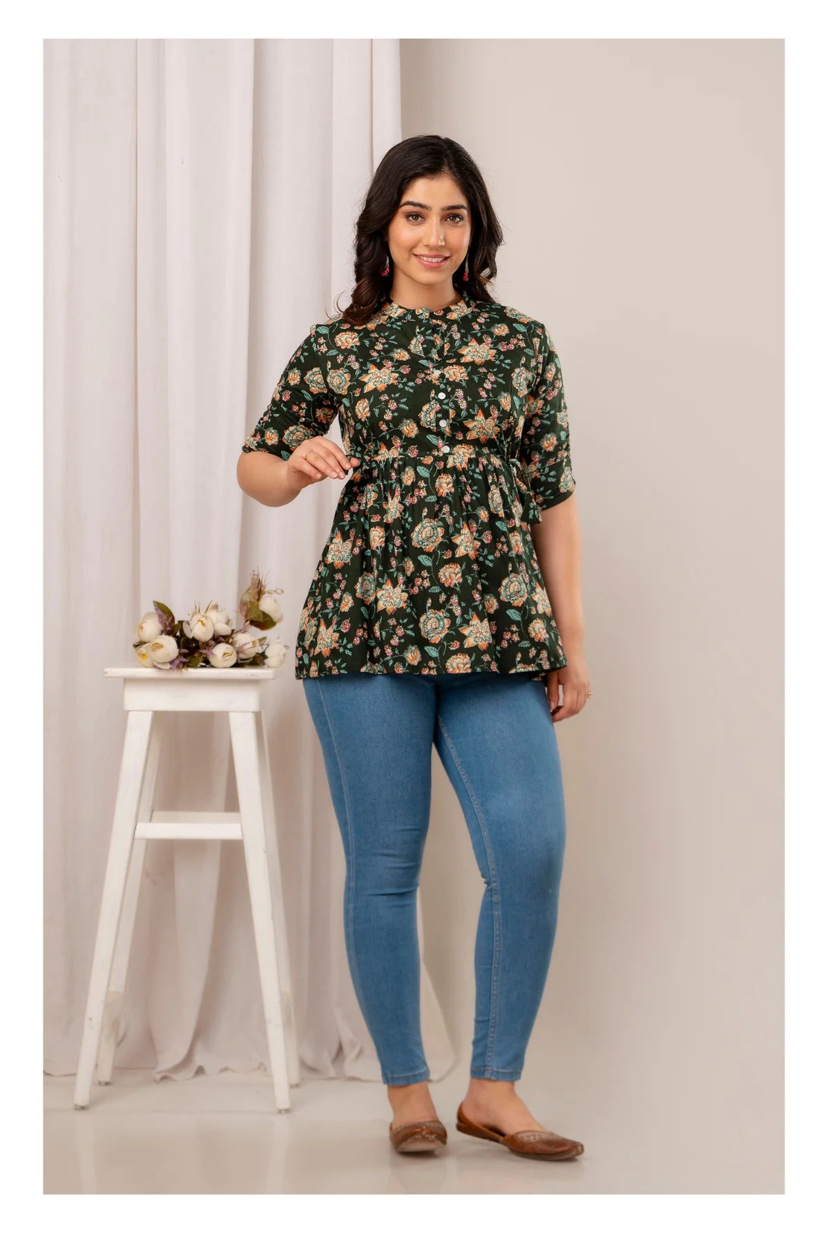 Dark Green Floral Printed Cotton Short Kurti Top for Women