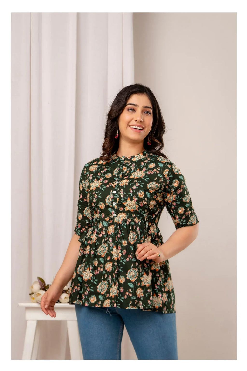 Dark Green Floral Printed Cotton Short Kurti Top for Women