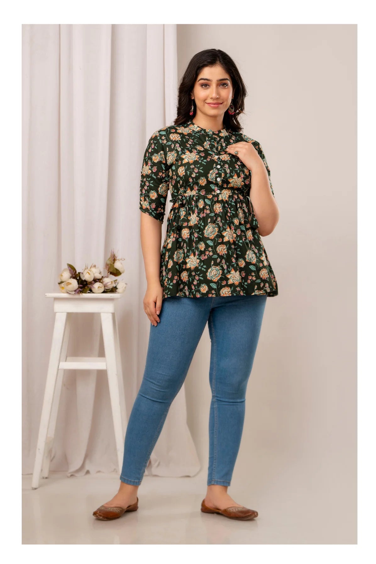 Dark Green Floral Printed Cotton Short Kurti Top for Women