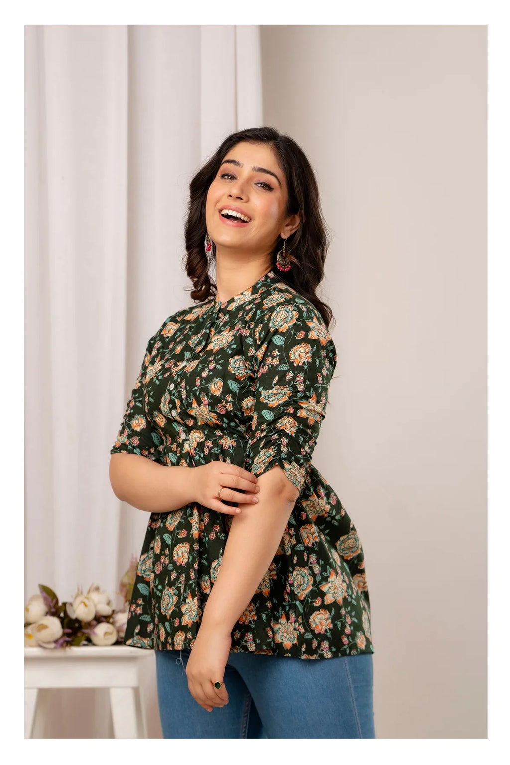 Dark Green Floral Printed Cotton Short Kurti Top for Women