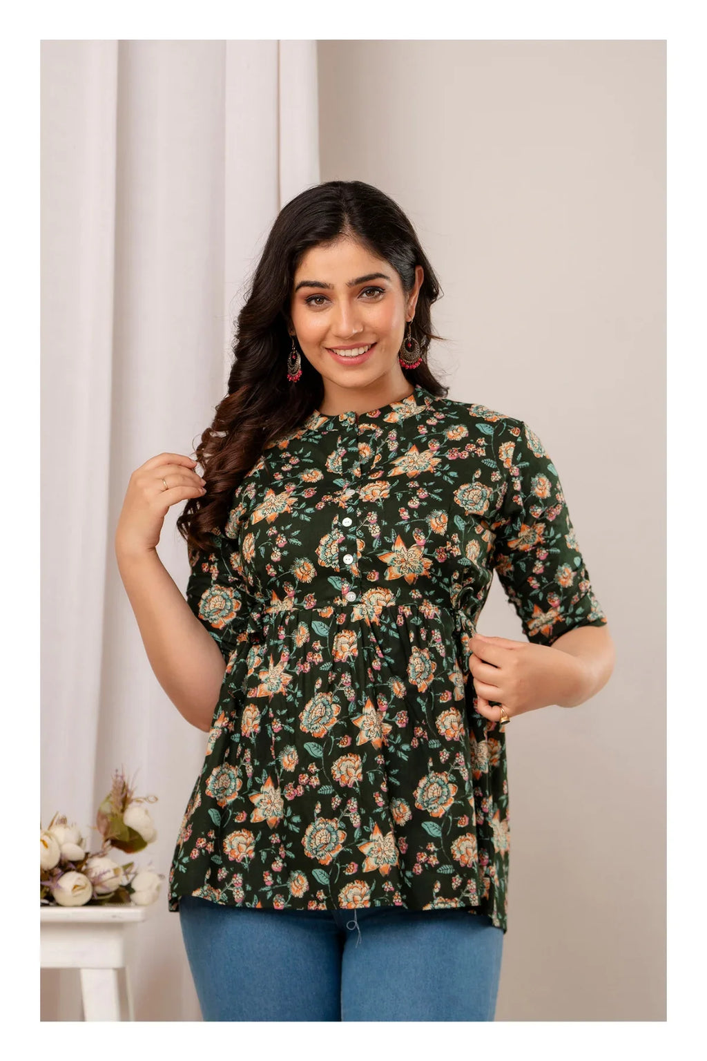 Dark Green Floral Printed Cotton Short Kurti Top for Women