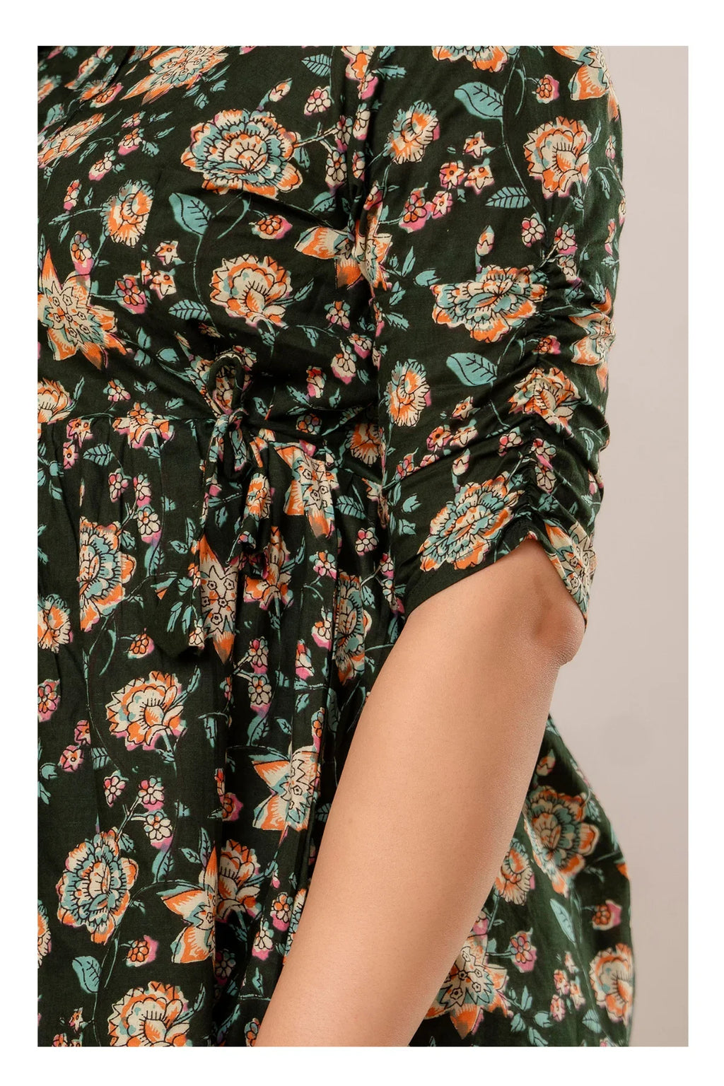 Dark Green Floral Printed Cotton Short Kurti Top for Women