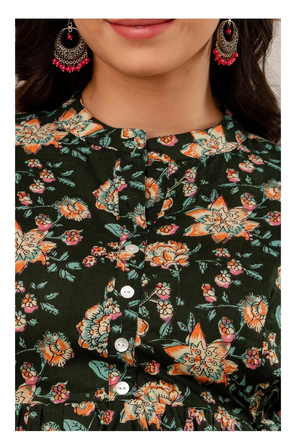 Dark Green Floral Printed Cotton Short Kurti Top for Women