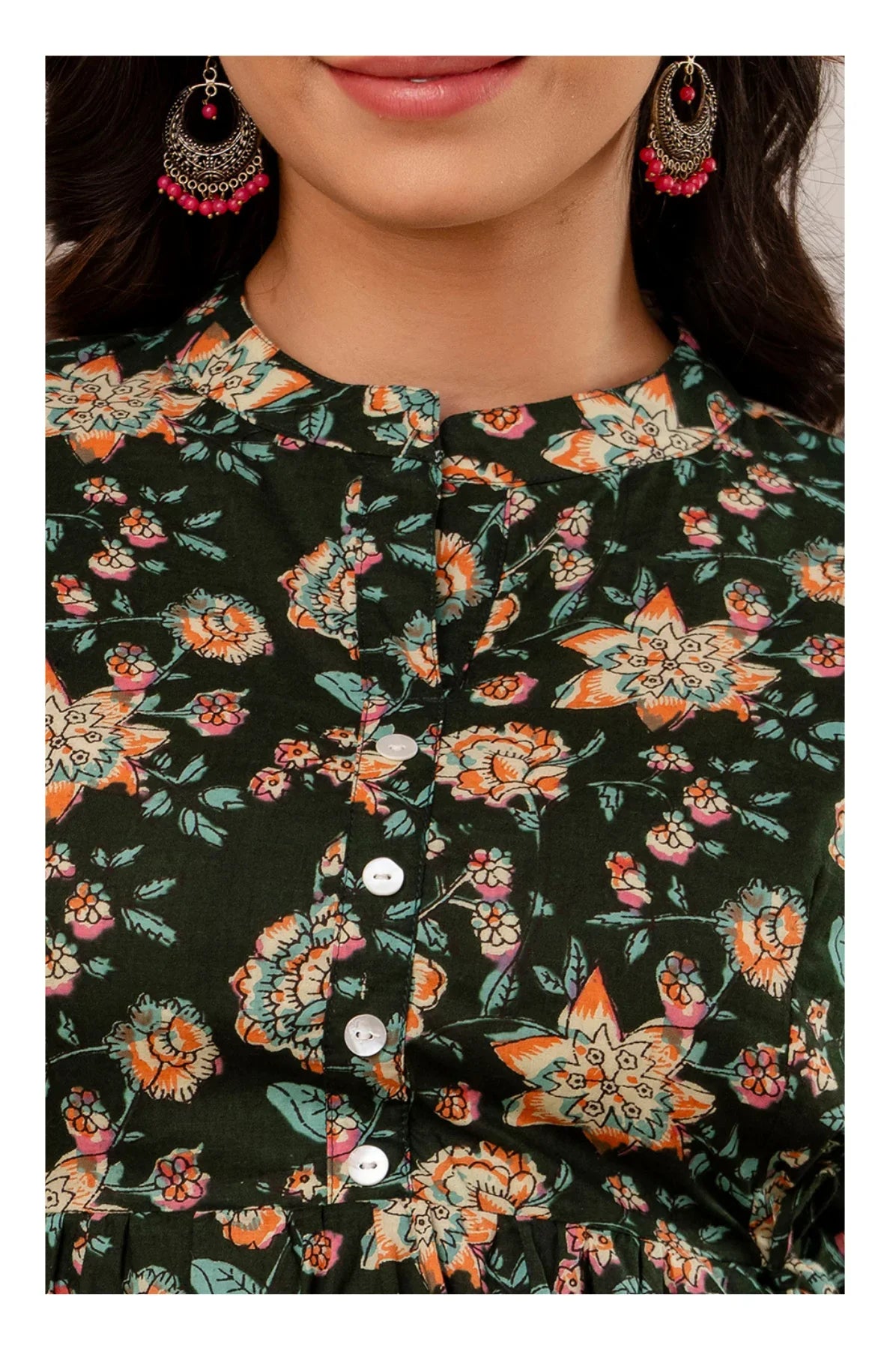 Dark Green Floral Printed Cotton Short Kurti Top for Women