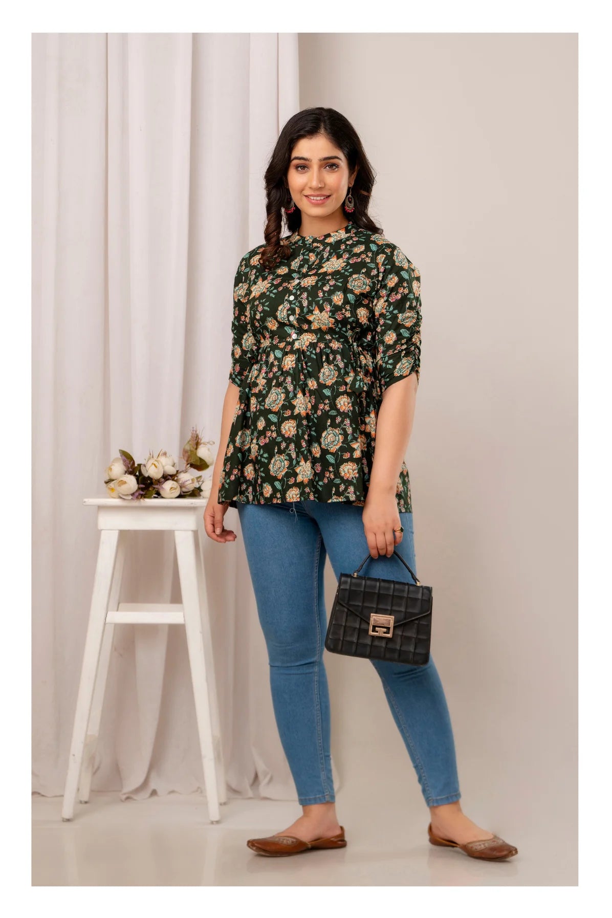Dark Green Floral Printed Cotton Short Kurti Top for Women