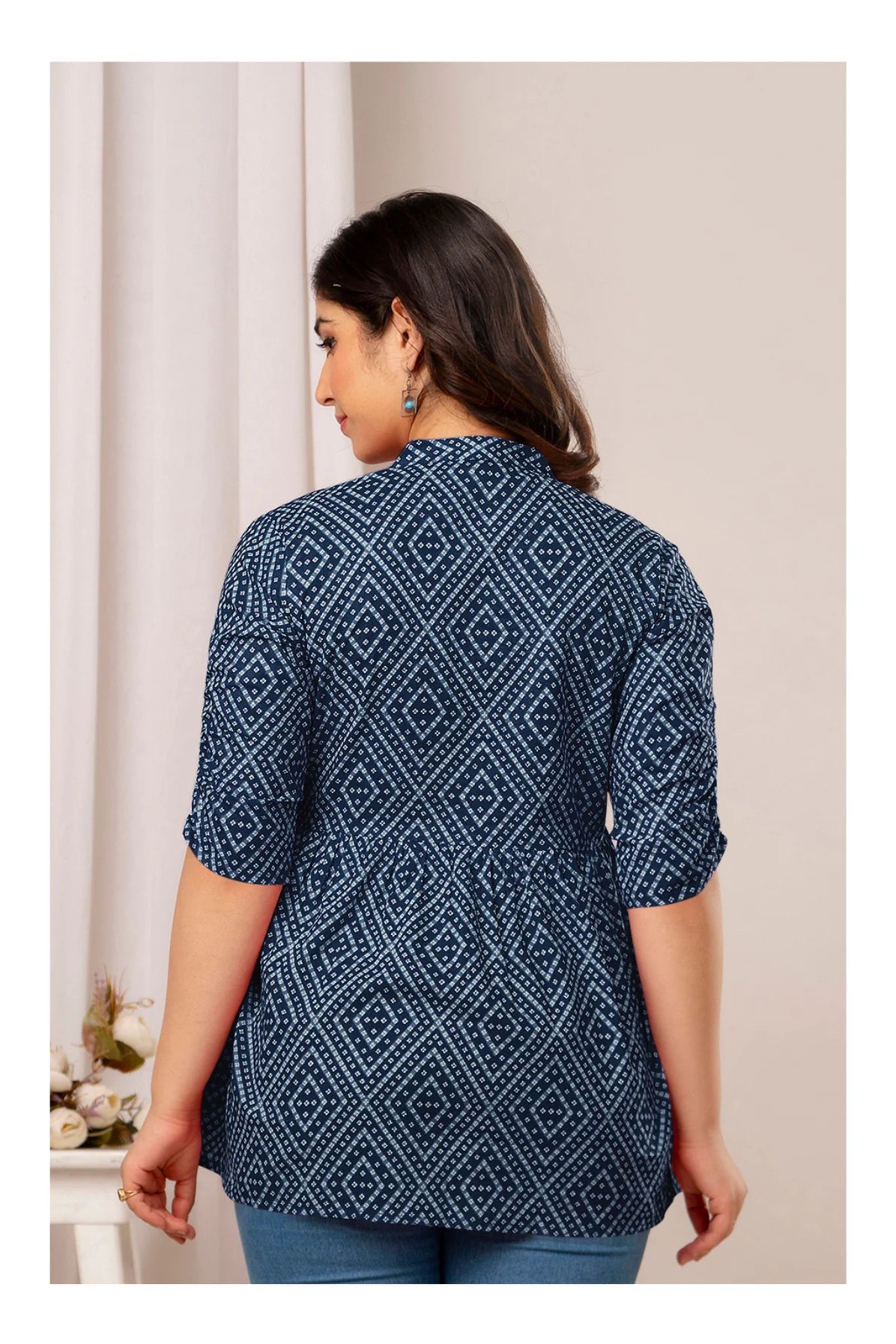 Navy Blue Geometric Printed Cotton Topper for Women