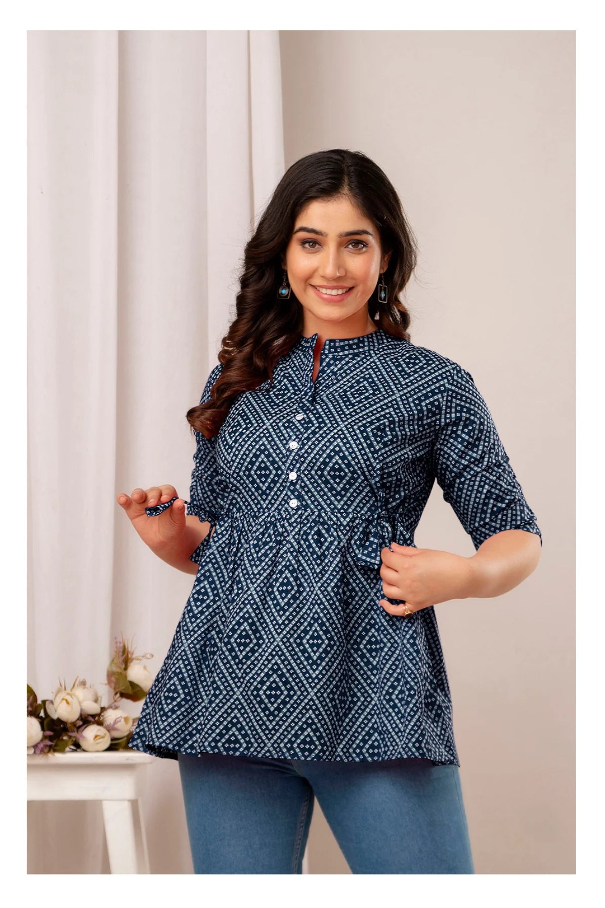 Navy Blue Geometric Printed Cotton Topper for Women