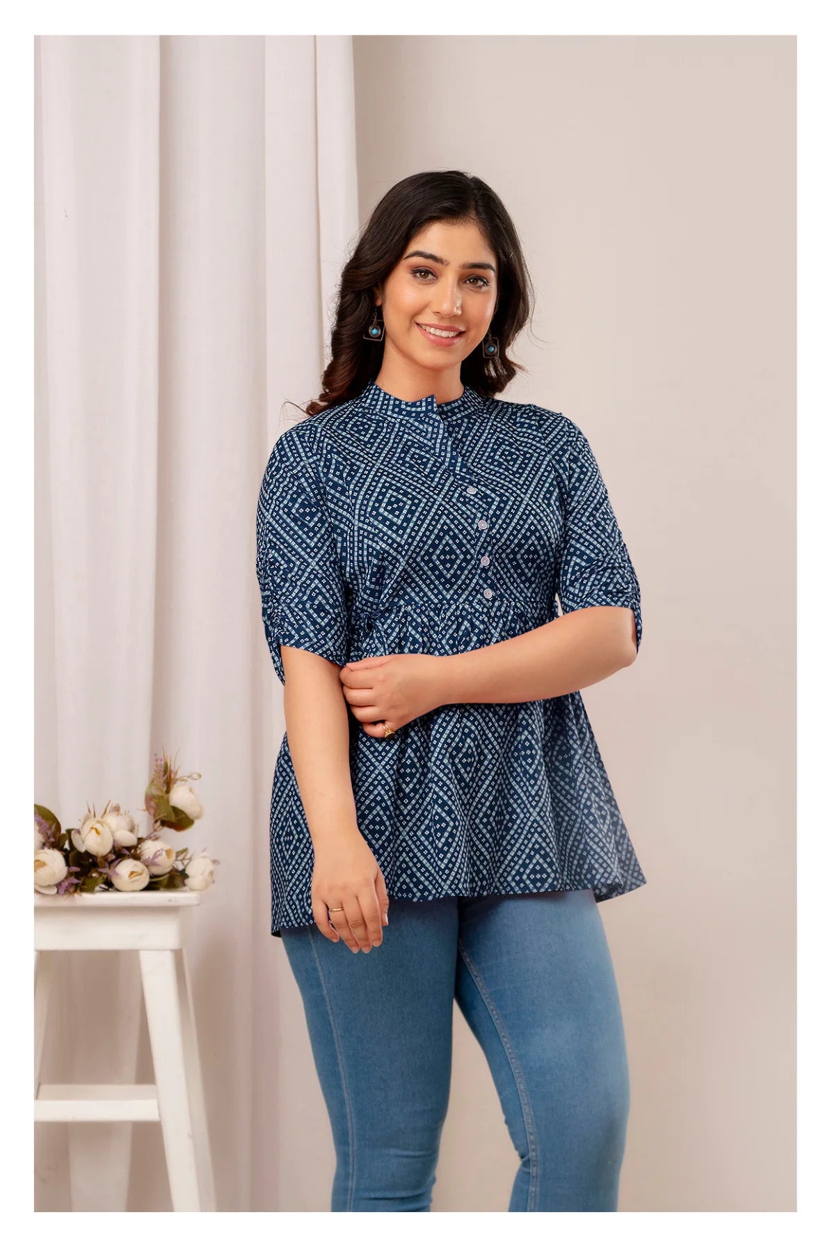 Navy Blue Geometric Printed Cotton Topper for Women