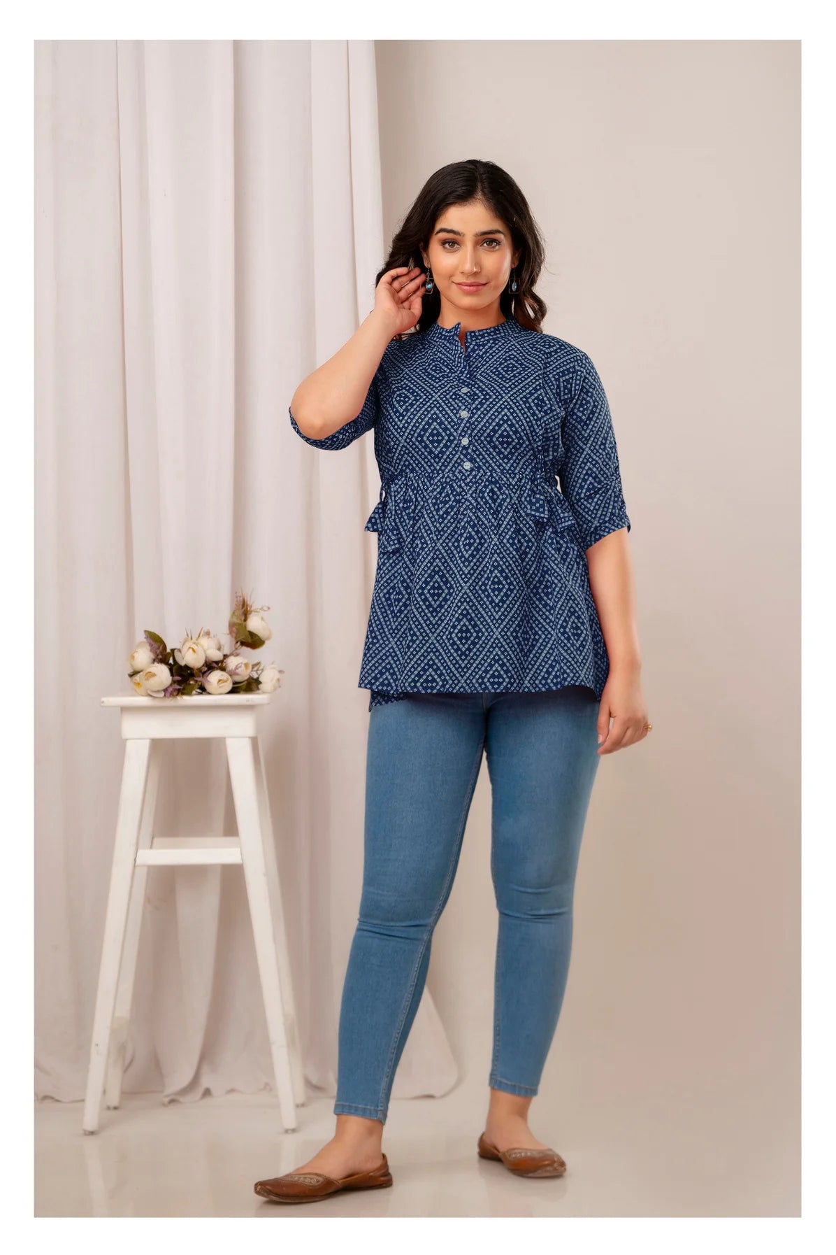 Navy Blue Geometric Printed Cotton Topper for Women