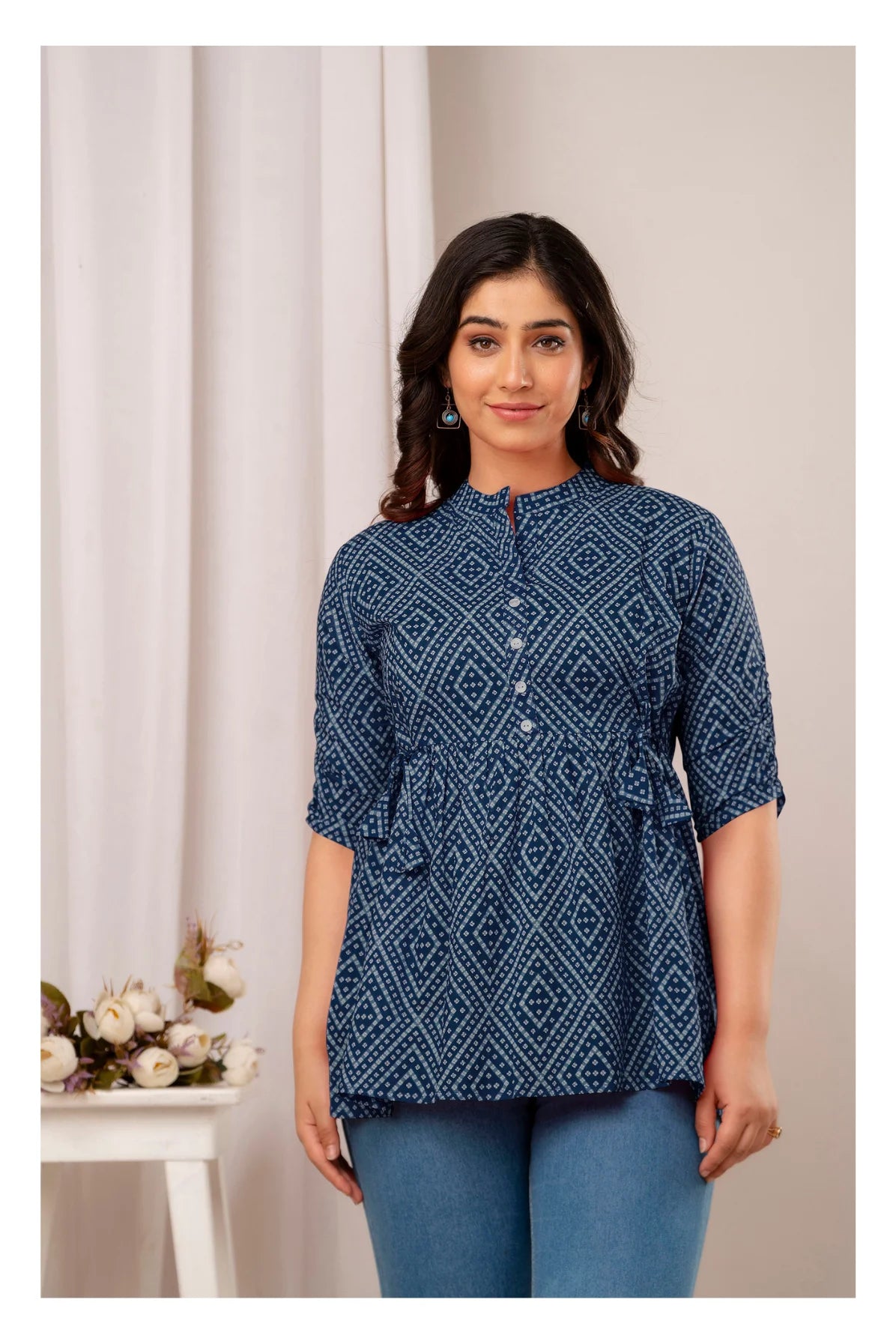 Navy Blue Geometric Printed Cotton Topper for Women