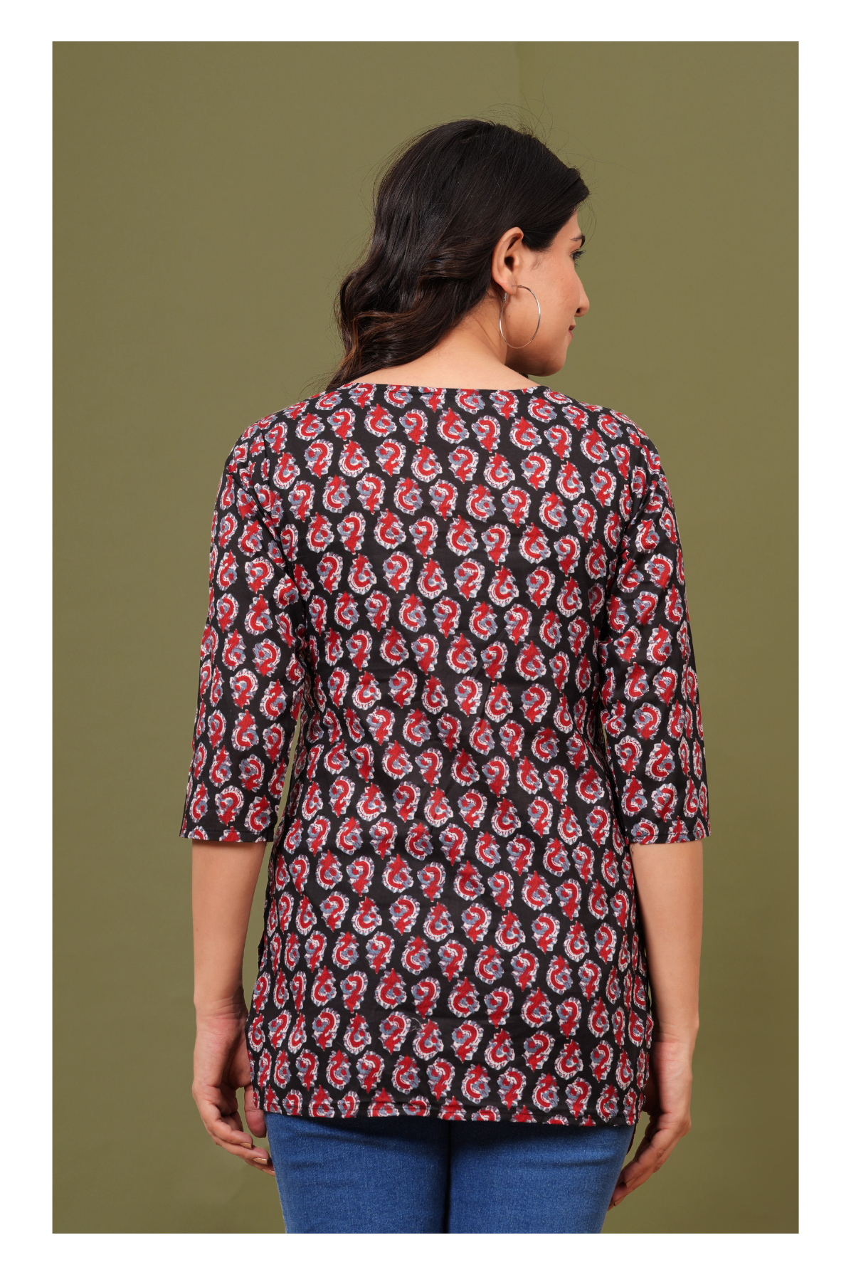 Black & Red Paisley Printed Crepe Short kurti for Women